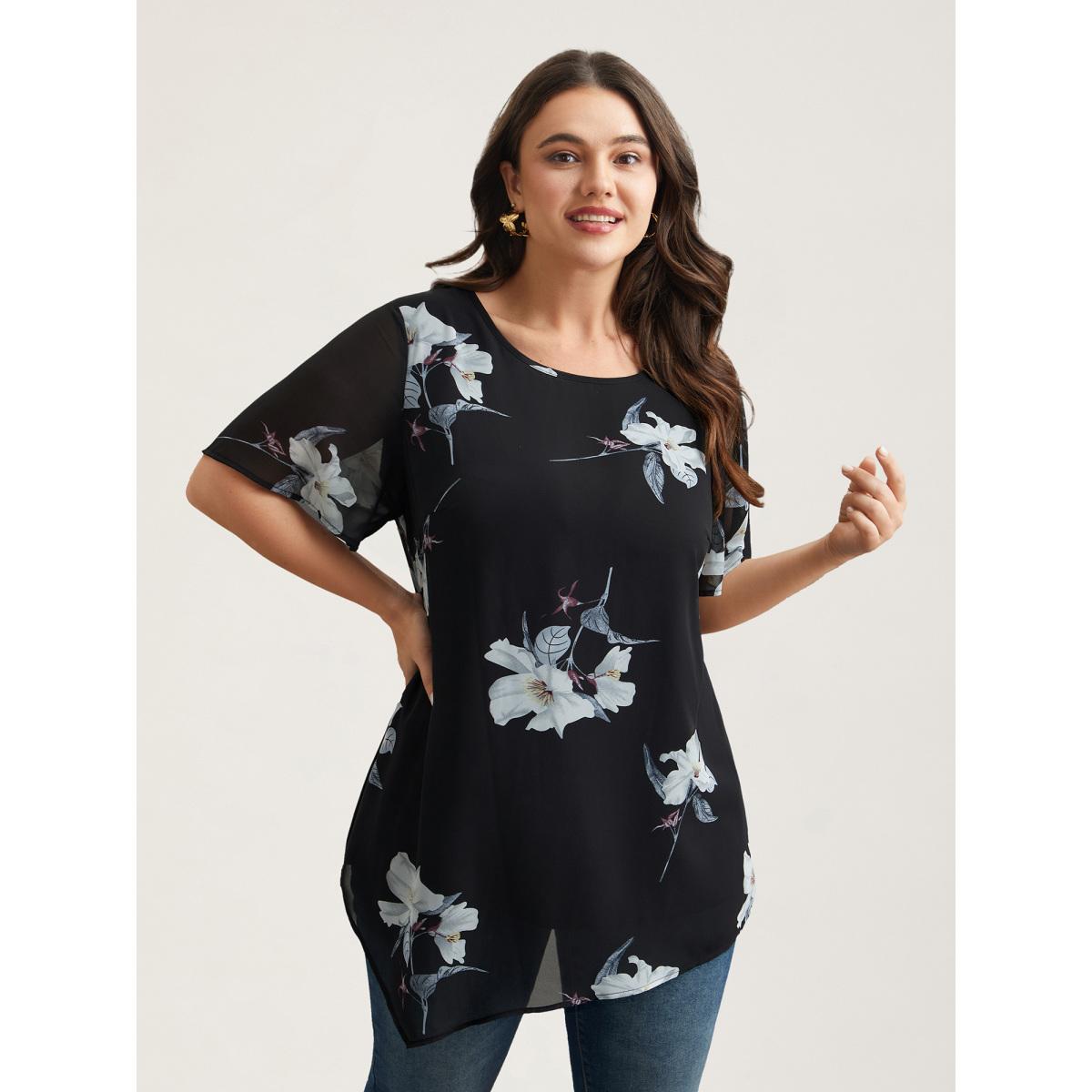 Plus Size Black Chiffon Floral Round Neck Shirt Women Timeless Short sleeve Round Neck Elegant Blouses BloomChic 30/6X Product Image