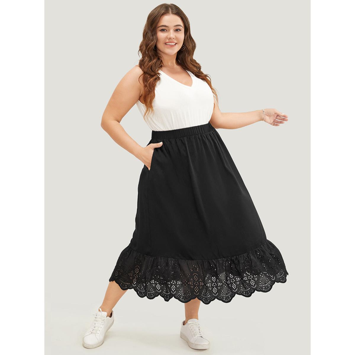 Plus Size Solid Pocket Patchwork Broderie Anglaise Skirt Women Black Vacation Broderie anglaise No stretch Pocket Dailywear Skirts BloomChic 18-20/2X Product Image