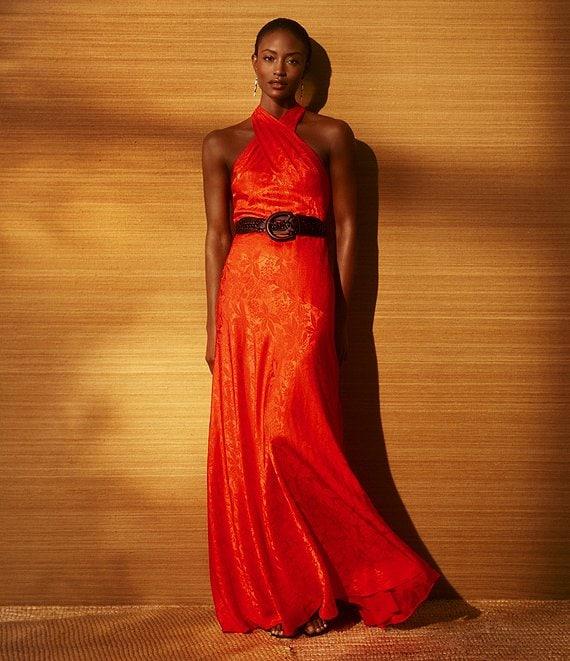 Lauren Ralph Lauren Vafarra Beaded Floral Jacquard Halter Neck Gown Product Image