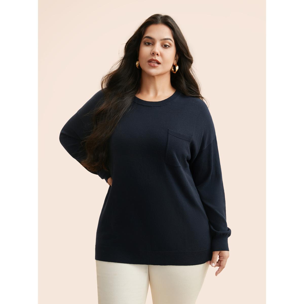Plus Size Supersoft Chest Pocket Wool Top Indigo Women Casual Loose Long Sleeve Round Neck Everyday Pullovers BloomChic 26/4X Product Image