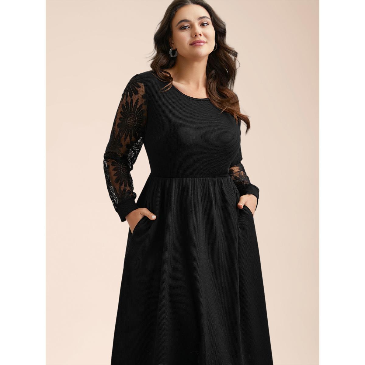 Plus Size Sheer Textured Sleeve Waist Cinched Midi Dress Black Women Elegant Texture Knit Dresses Bloomchic 22-24/3X Product Image