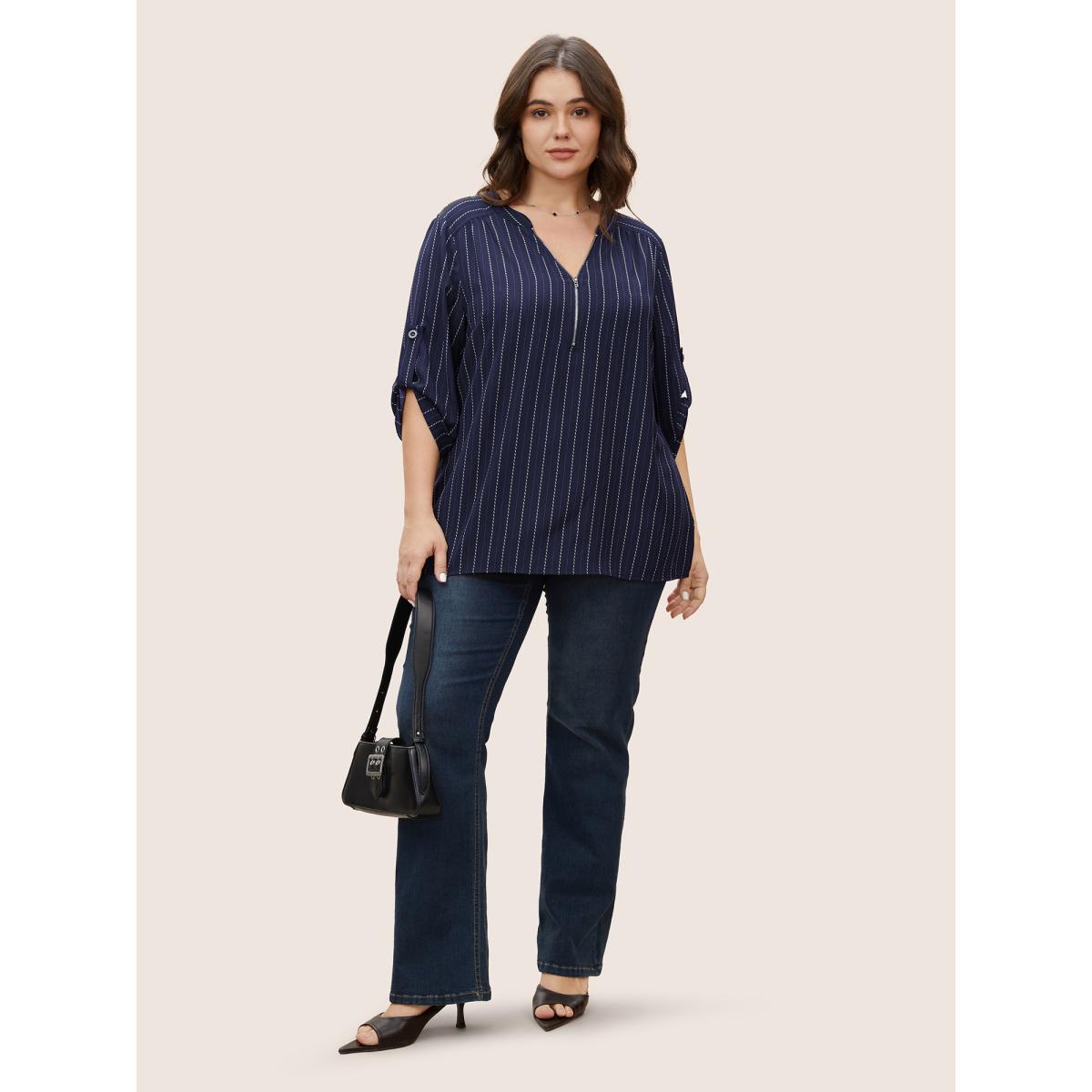 Plus Size Indigo Striped Half Zip Tab Sleeve Blouse Women Work From Home Elbow-length sleeve Flat collar Work Blouses BloomChic 26/4X Product Image