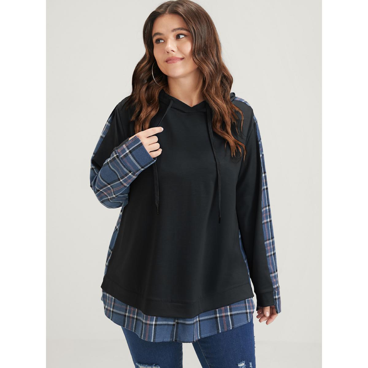 Plus Size Plaid Contrast Asymmetrical Drawstring Hooded Sweatshirt Women Black Casual Contrast Loose Hooded Dailywear Sweatshirts BloomChic 30/6X Product Image