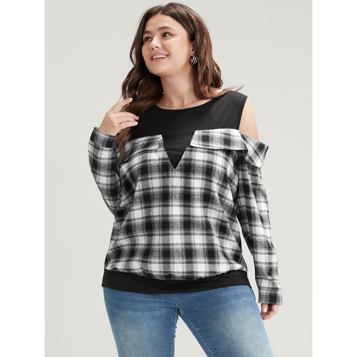 Plus Size Plaid Patchwork Cold Shoulder Sweatshirt Women Black Elegant Patchwork Cold Shoulder Dailywear Sweatshirts BloomChic 18-20/2X Product Image