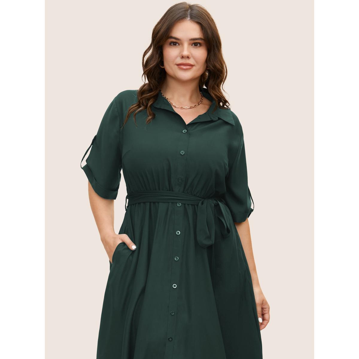 Plus Size Shirt Collar Tab Sleeve Split Hem Dress Cyan Women Office Belted Shirt collar Half Sleeve Curvy BloomChic 12/L Product Image