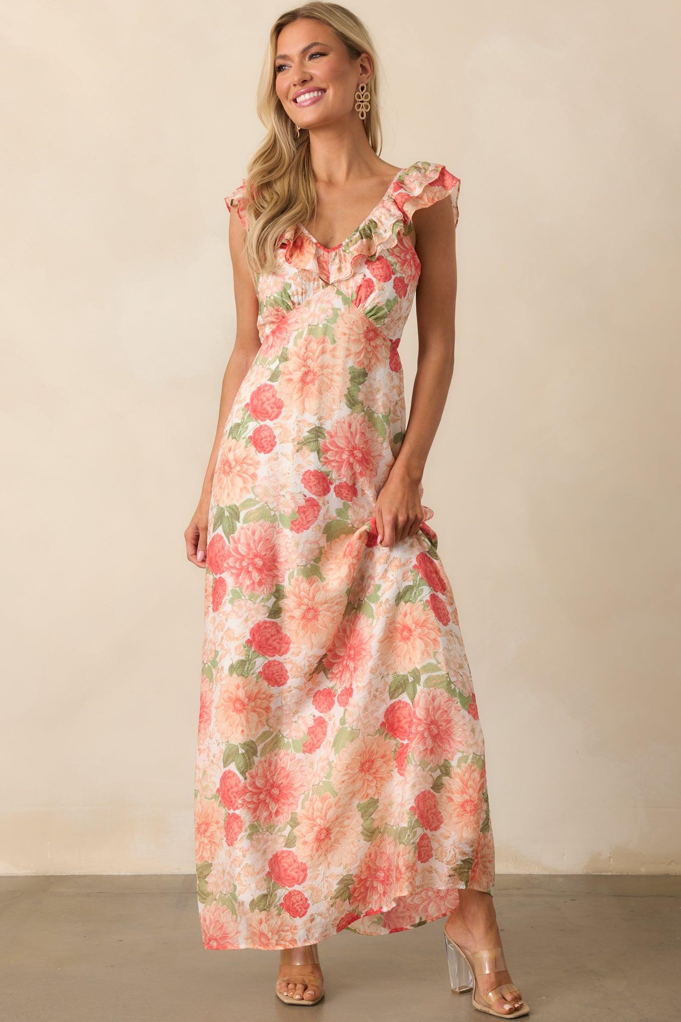 MINKPINK Apricot Floral Aida Frill Maxi Dress Product Image