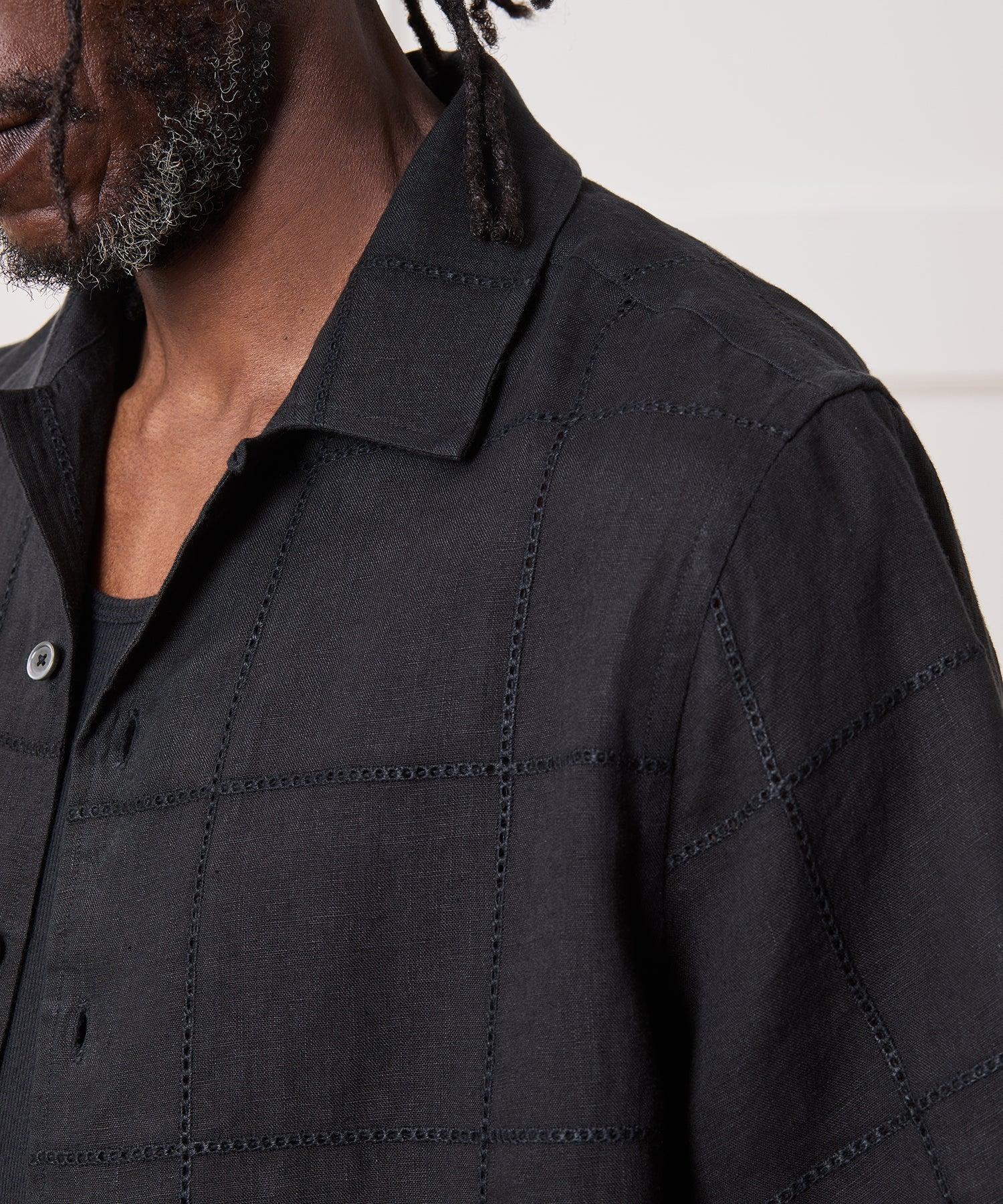 Cropped Embroidered Linen Camp Collar Shirt Product Image