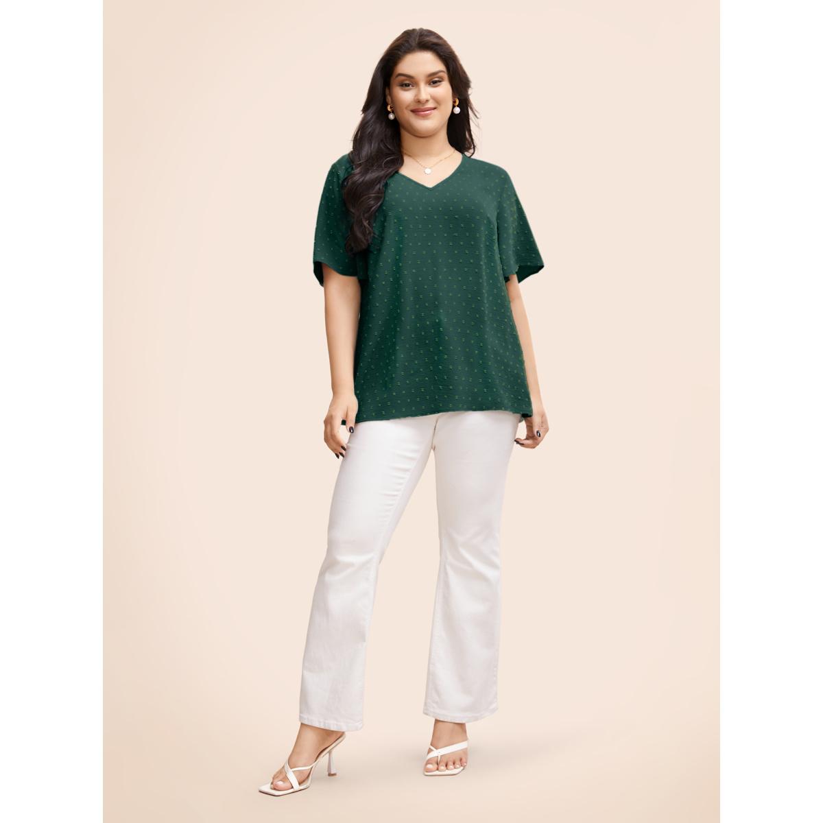 Plus Size DarkGreen Polka Dot Lace Sleeve Blouse Women Elegant Short sleeve V-neck Everyday Blouses BloomChic 10/M Product Image