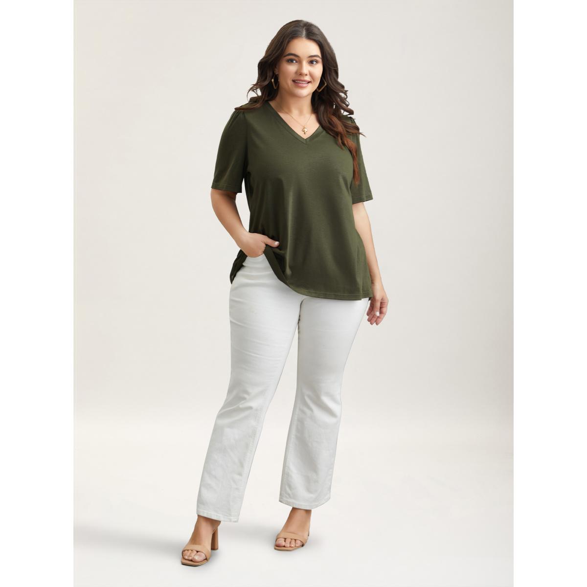 Plus Size Back Pleats V-Neck Split T-Shirt ArmyGreen Women Casual Overlapping V-neck Everyday T-shirts BloomChic 28/5X Product Image