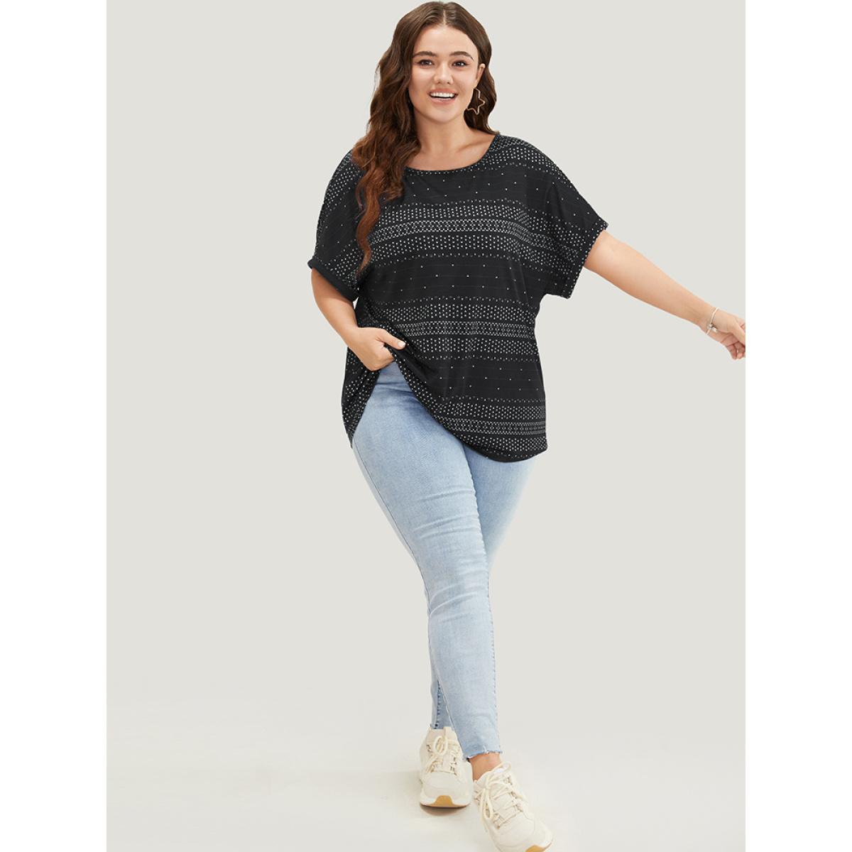 Plus Size Geometric Print Backless Roll Dolman Sleeve T-shirt Black Women Casual Cut-Out Geometric Round Neck Dailywear T-shirts BloomChic 28/5X Product Image