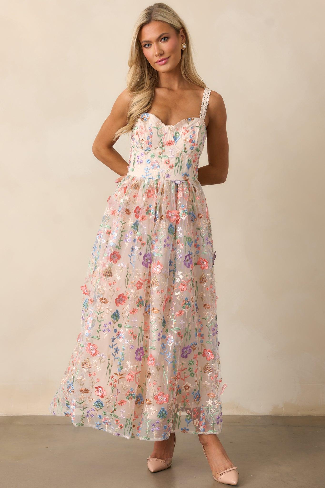 Social Season Rose Pink Floral Embroidered Maxi Dress Product Image