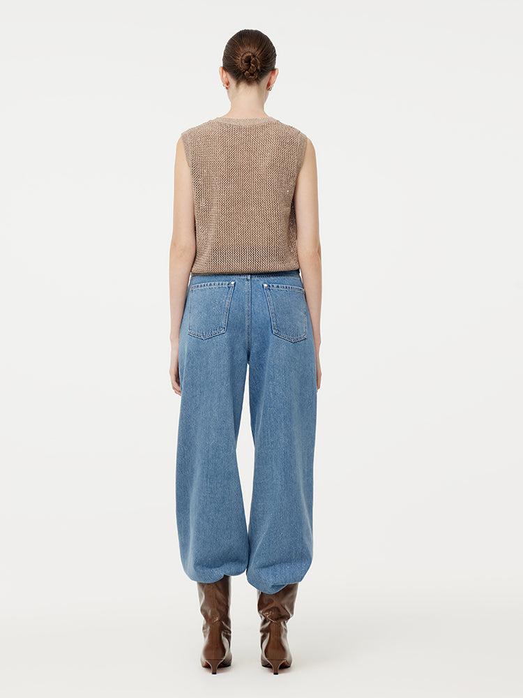 Linen Sequin-Embellished Women Open-Knit Tank Top Product Image