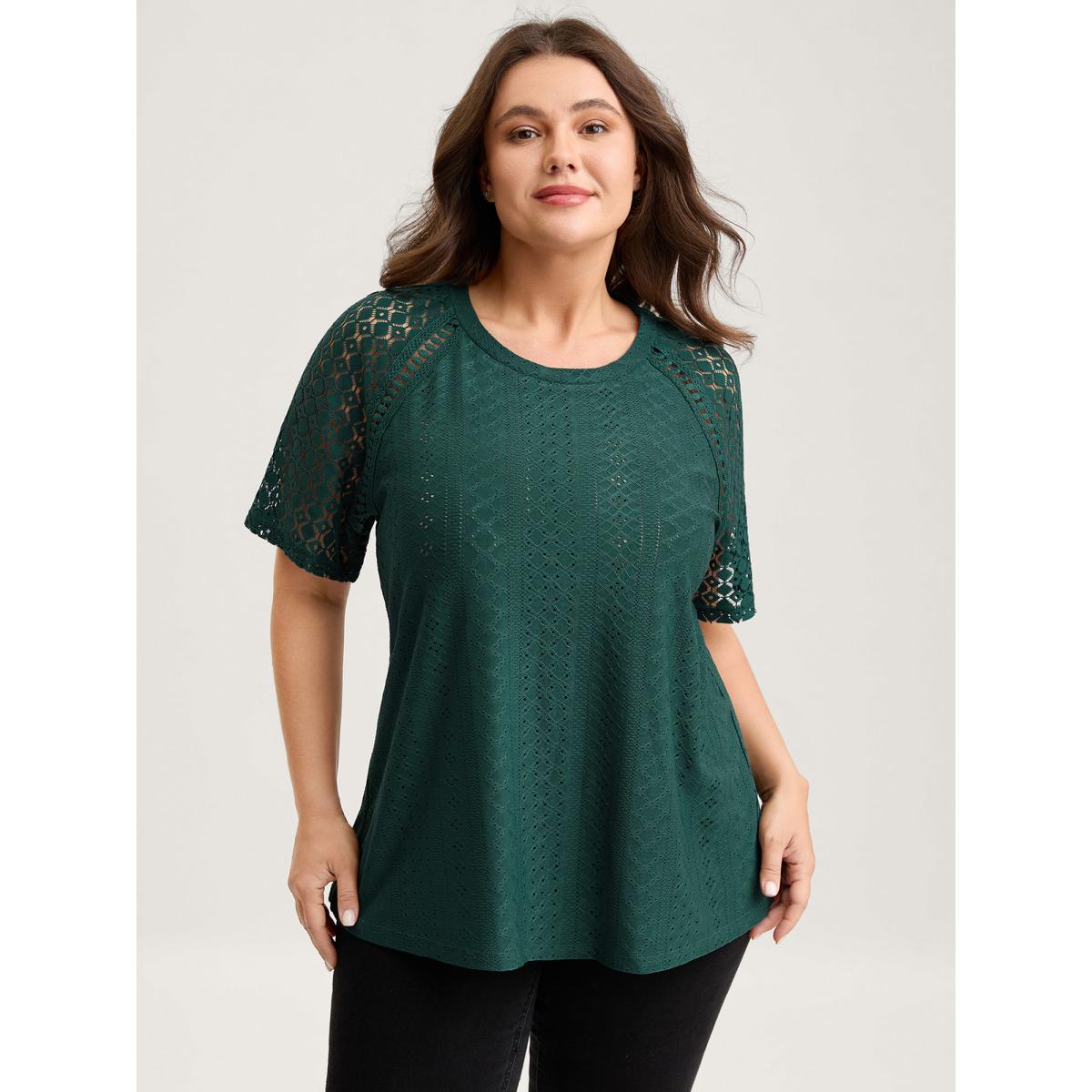 Plus Size Eyelet Trim Lace Cut-Out Solid T-Shirt Cyan Women Leisure Round Neck Casual T-shirts BloomChic 22-24/3X Product Image