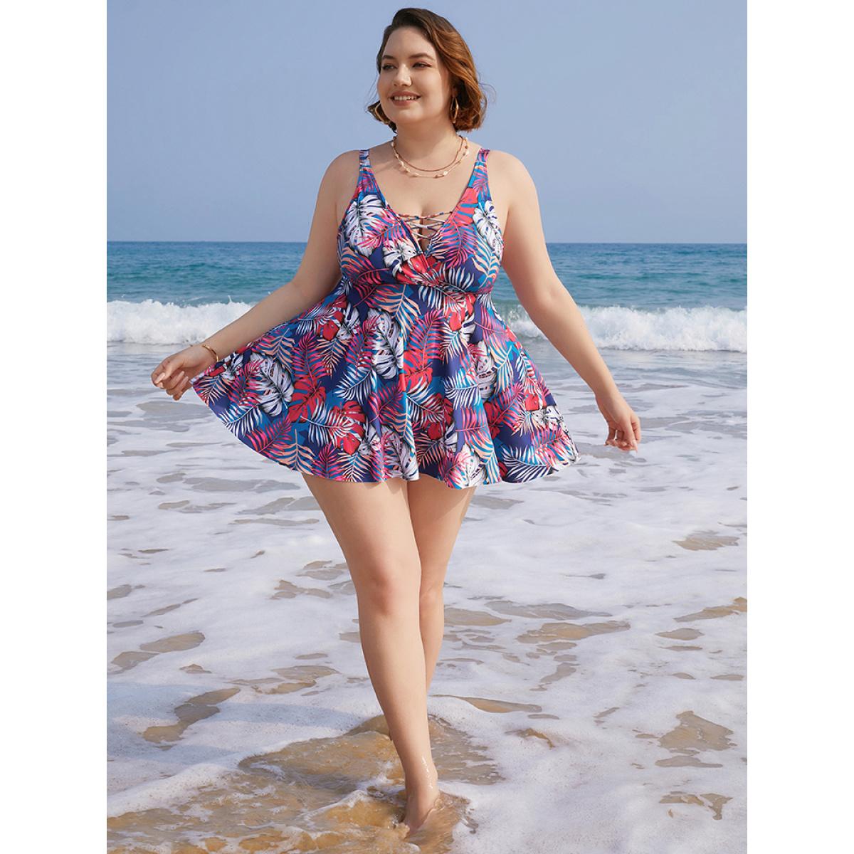 Plus Size Tropical Print Wrap Ruffles Crisscross Swim Dress Women's Swimwear Indigo Vacation Bodycon V-neck High stretch Curve Swim Dresses BloomChic 30/6X Product Image