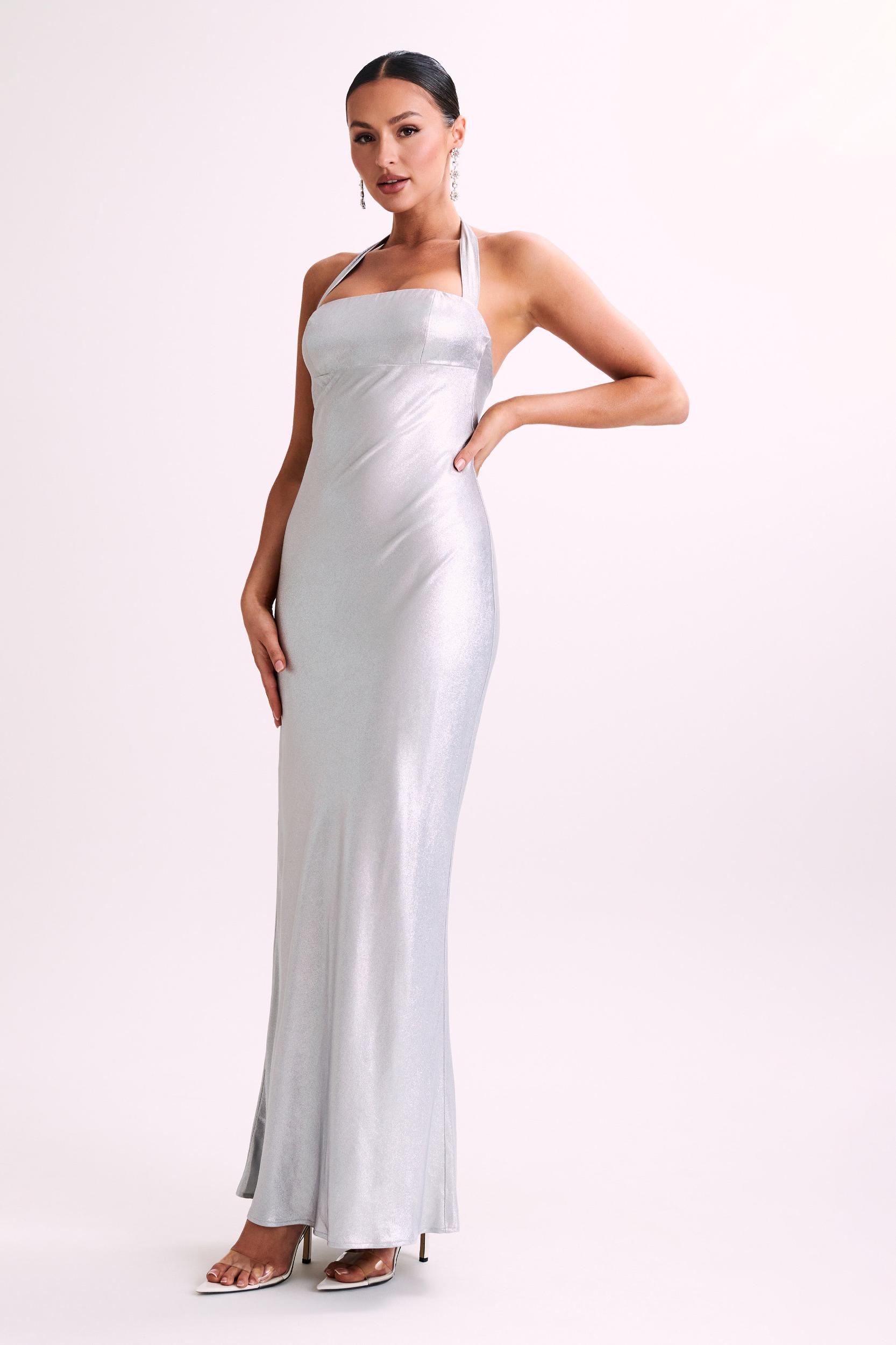Sabra Satin Halter Maxi Dress - Silver Product Image