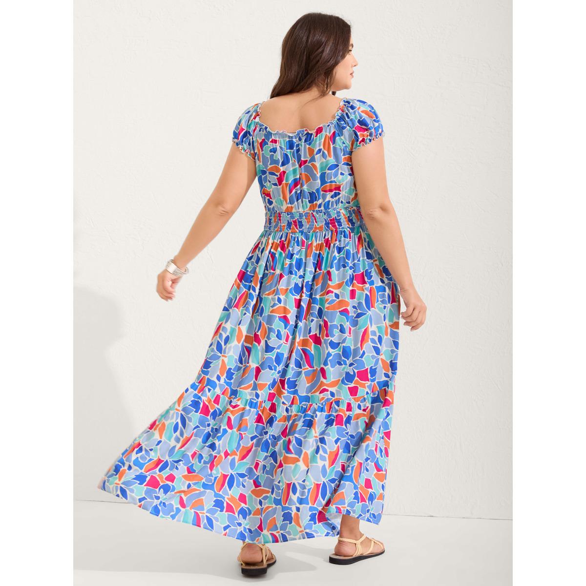Plus Size Floral Abstract Shirred Waist Midi Dress Bluepurple Women V-neck Cap Sleeve Curvy BloomChic 14-16/1X Product Image