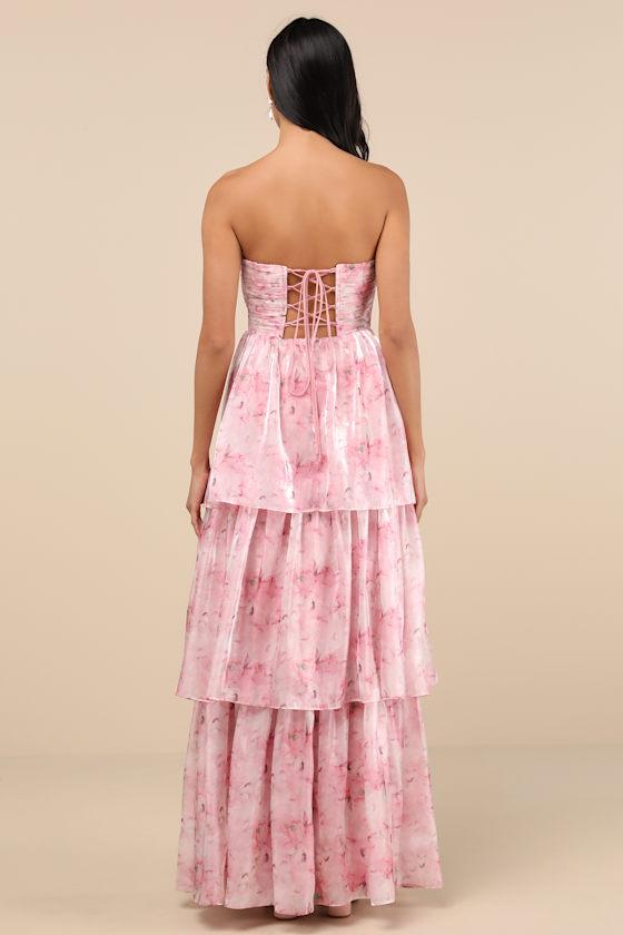Kamella Light Pink Floral Pleated Strapless Tiered Maxi Dress Product Image