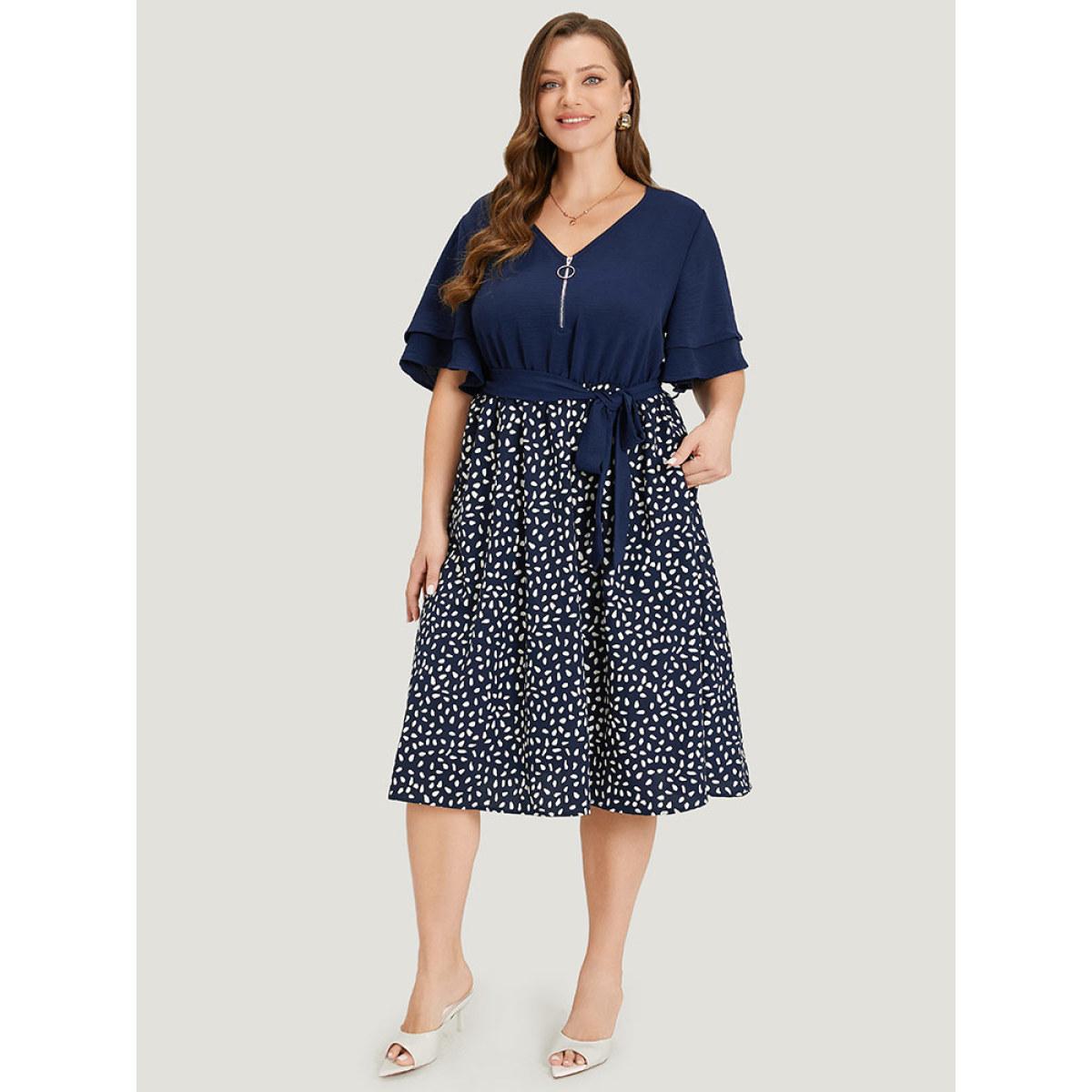 Plus Size Water Drop Print Patchwork Ruffle Zipper Belted Dress Navy Women Office Plain V-neck Short sleeve Curvy Midi Dress BloomChic 22-24/3X Product Image