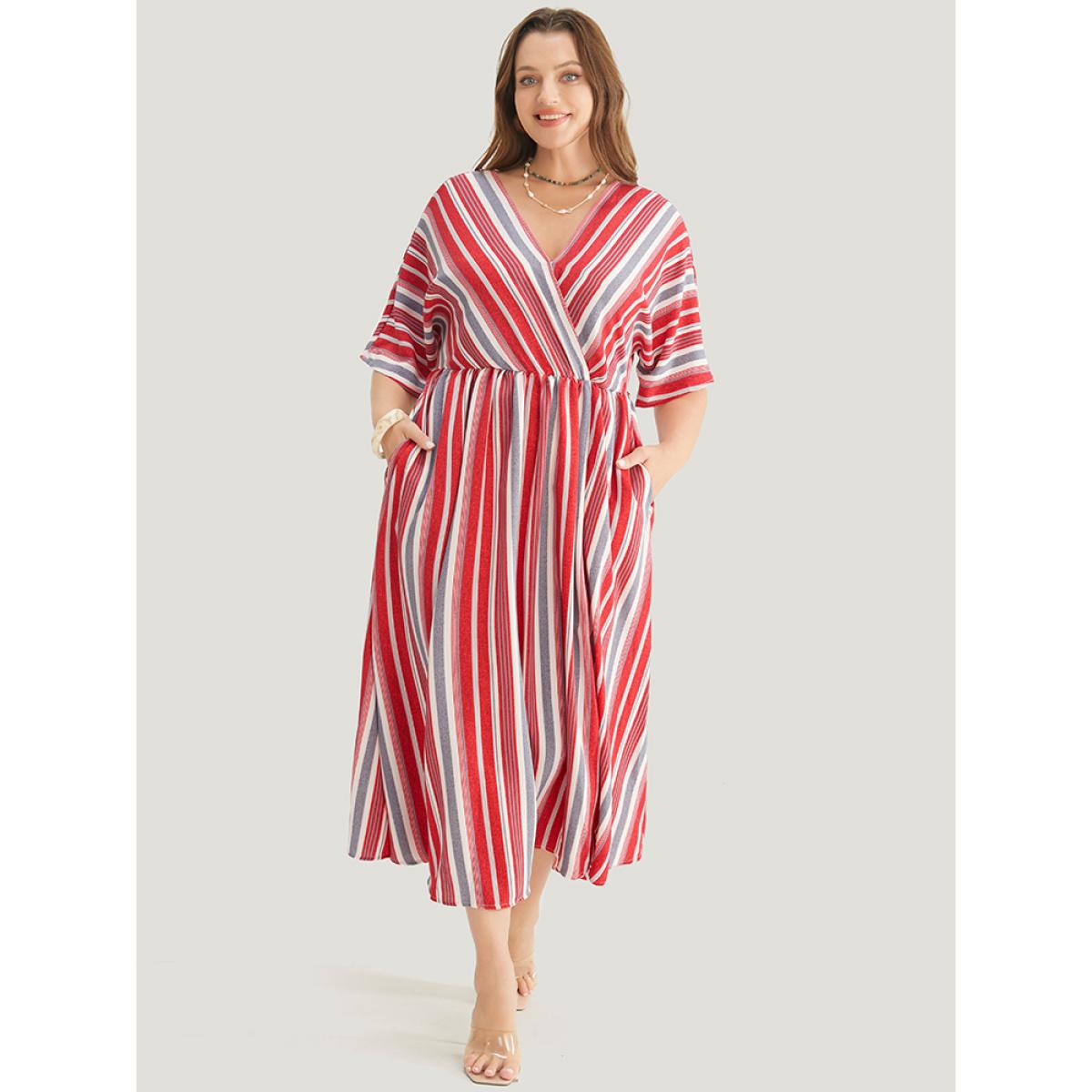 Plus Size Striped Contrast Surplice Neck Dolman Sleeve Pocket Split Hem Dress Scarlet Women Vacation Elastic Waist V-neck Half Sleeve Curvy Midi Dress BloomChic 10/M Product Image