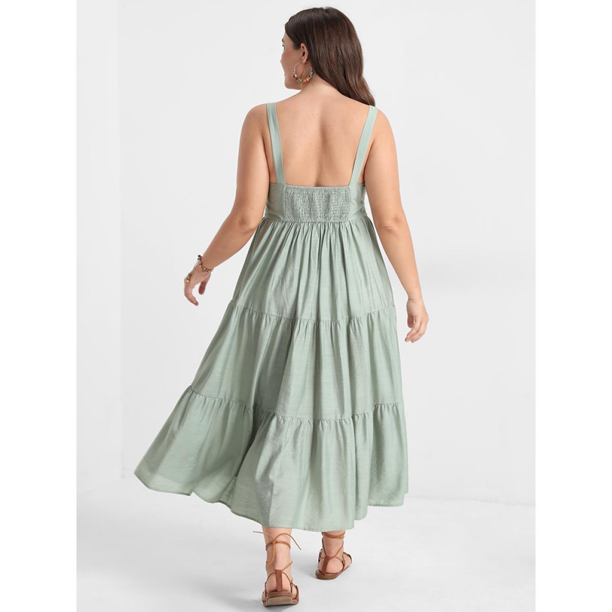 Plus Size Solid Ruffles Button Backless Shirred Tank Dress LightGreen Women Elegant Elastic Waist Spaghetti Strap Sleeveless Curvy Long Dress BloomChic 30/6X Product Image
