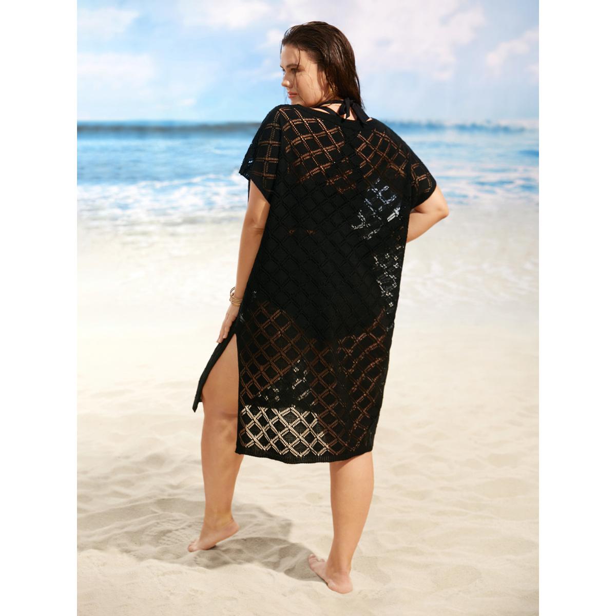 Plus Size Crochet Floral Split Side Dolman Sleeve Swim Cover Up Women's Swimwear Black Beach Loose Crochet Curve Swim Cover Ups BloomChic 28/5X Product Image