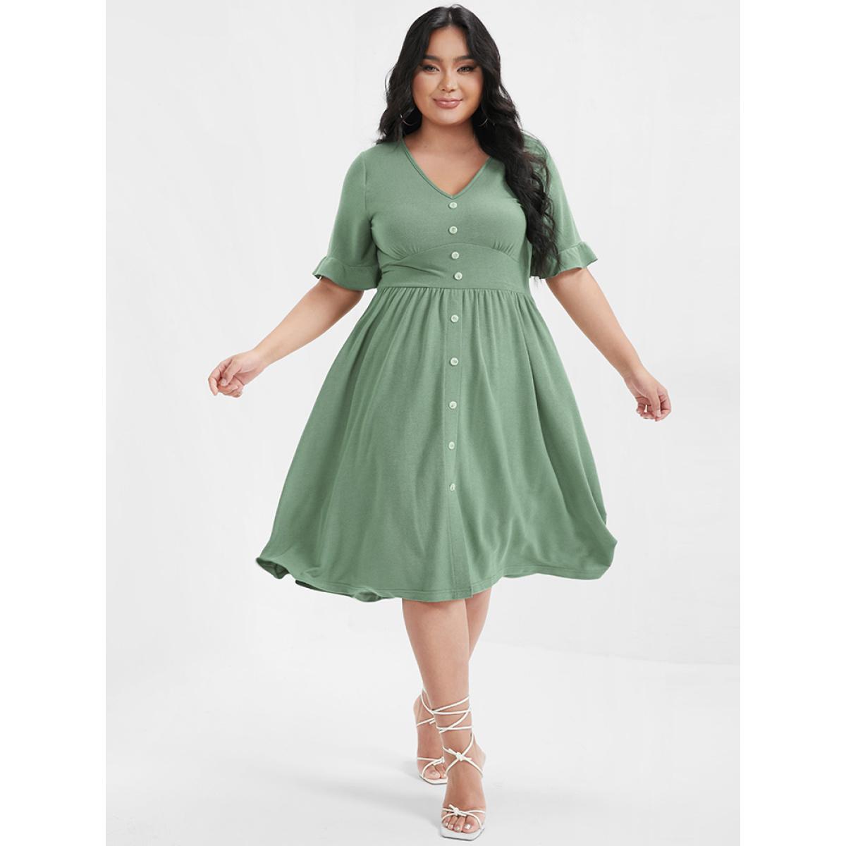 Plus Size Solid Shirred Ruffles Button V Neck Midi Dress LightGreen Women Elegant Gathered V-neck Short sleeve Curvy Midi Dress BloomChic 10/M Product Image