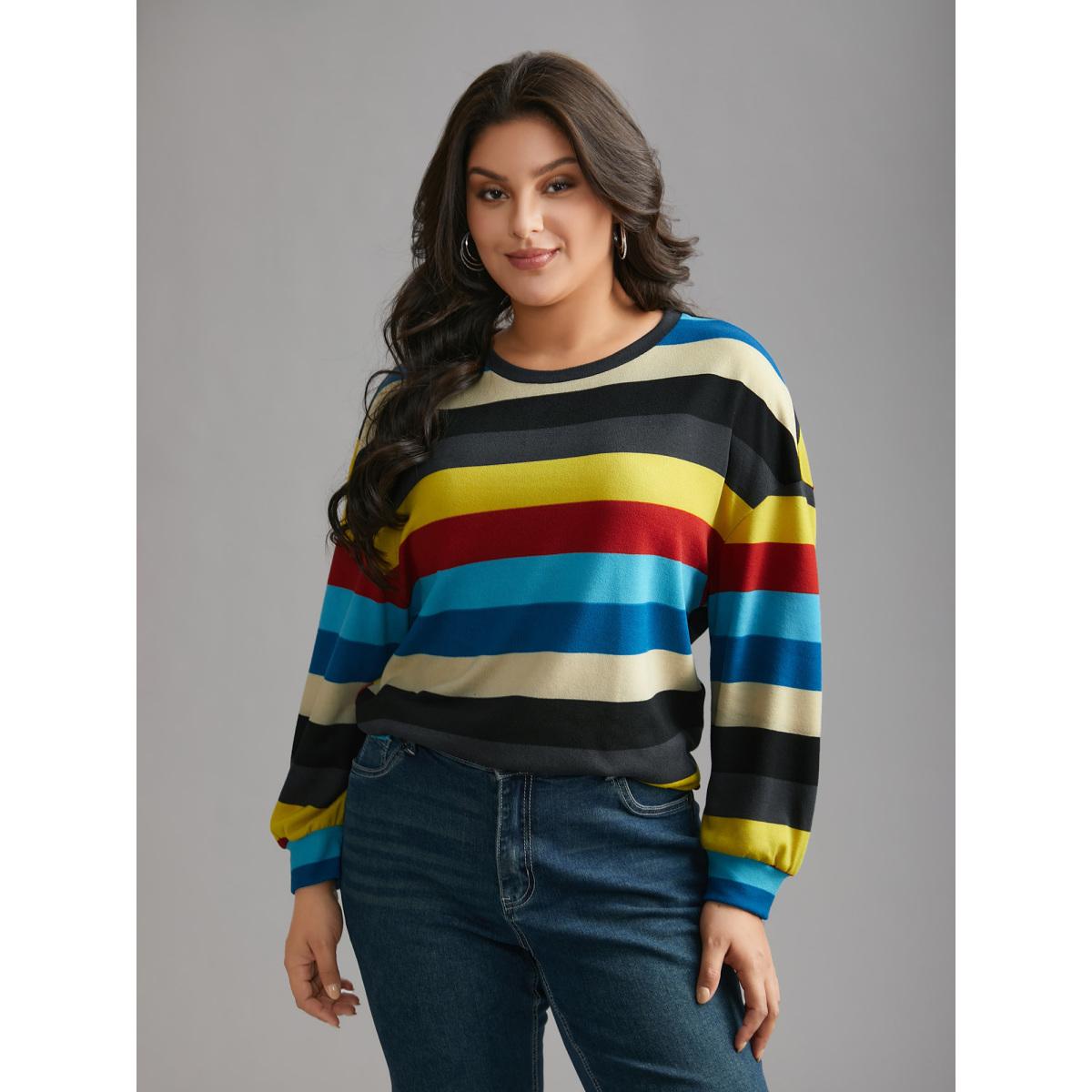 Plus Size Multi-Color Striped Stretchy Crew Neck T-shirt Multicolor Women Casual Contrast Round Neck Loose Everyday T-shirts BloomChic 30/6X Product Image