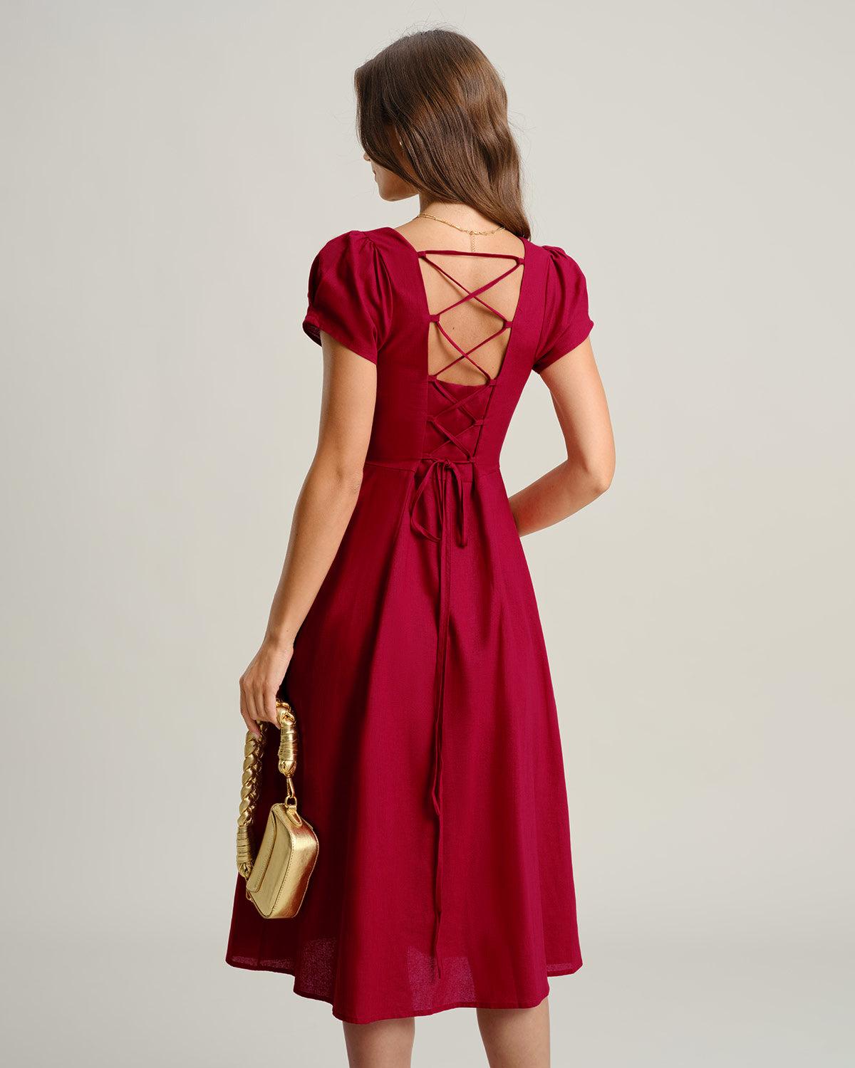 Wine Red Square Neck A-Line Midi Dress Product Image