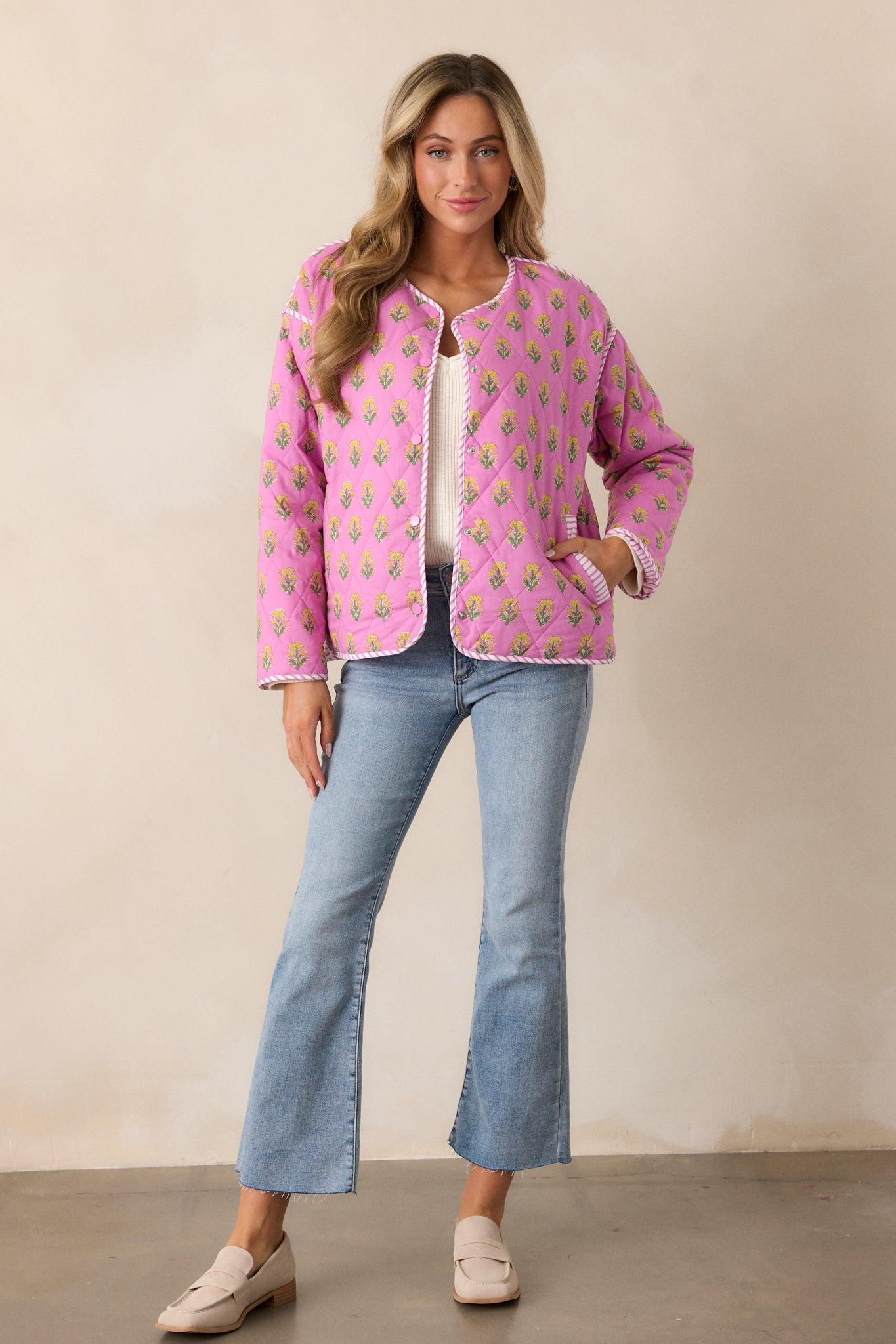 Peaceful Retreat Cotton Pink Floral Quilted Jacket Product Image