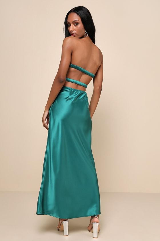 So Rare Emerald Green Satin Strapless Twist-Front Midi Dress Product Image