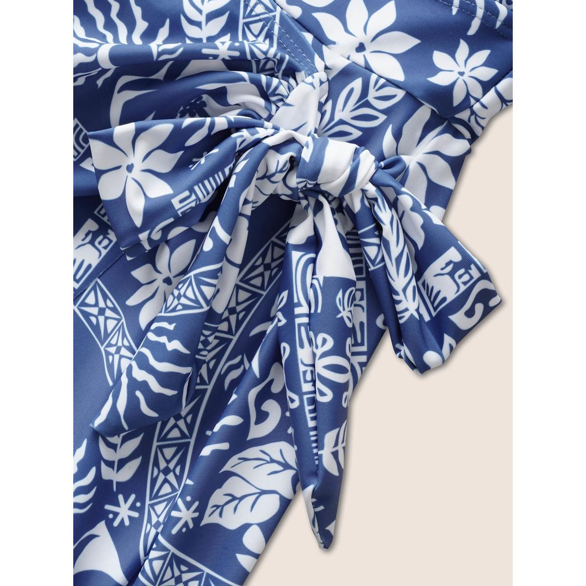 Plus Size Tropical Print Gathered Tie Knot Swim Dress Women's Swimwear Cerulean Beach Bodycon V-neck High stretch Curve Swim Dresses BloomChic 14-16/1X Product Image