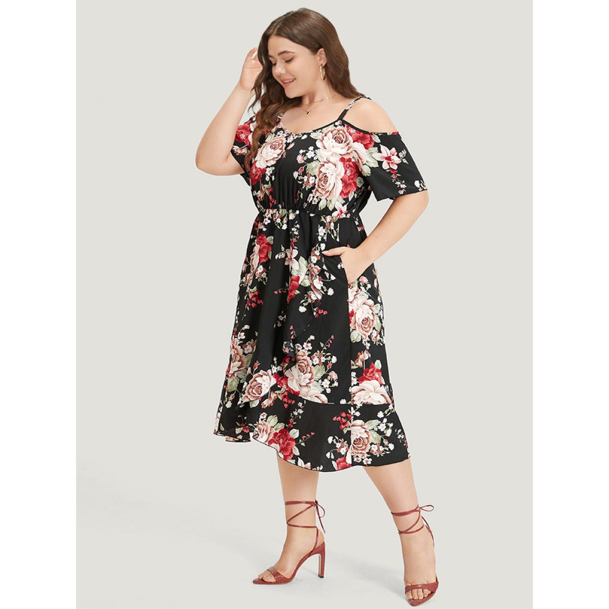 Plus Size Floral Print Pocket Asymmetrical Hem Cold Shoulder Dress Black Women Elegant Elastic Waist Cold Shoulder Short sleeve Curvy Midi Dress BloomChic 26/4X Product Image