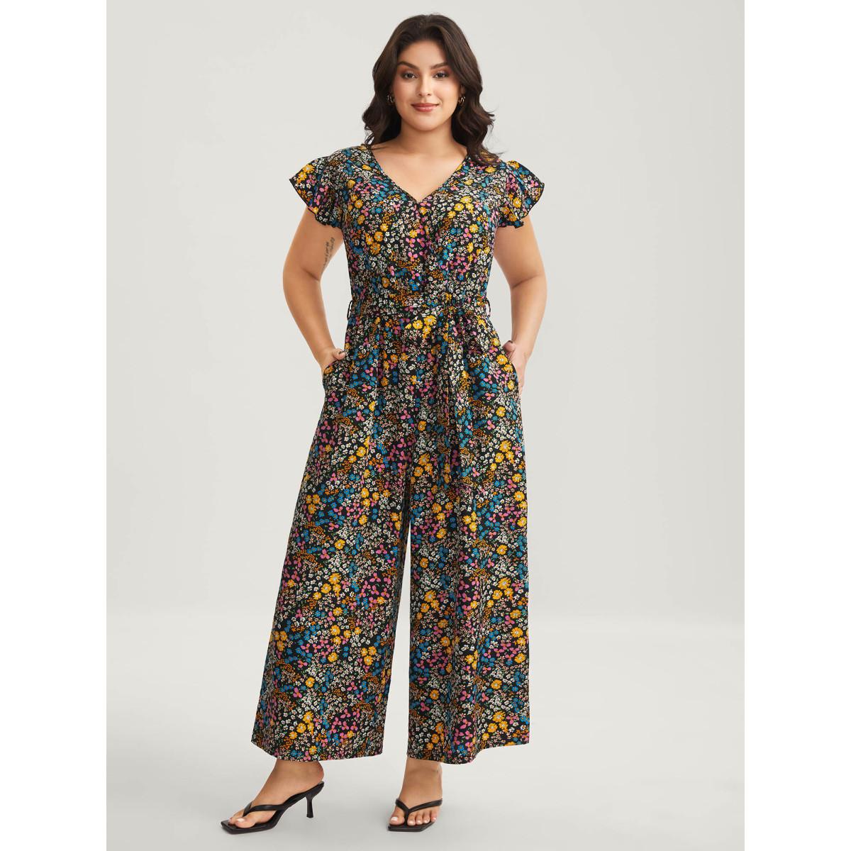 Plus Size Black Floral Print Belted Ruffled Sleeve Jumpsuit Women Timeless Cap Sleeve V-neck Elegant Loose Jumpsuits BloomChic 10/M Product Image