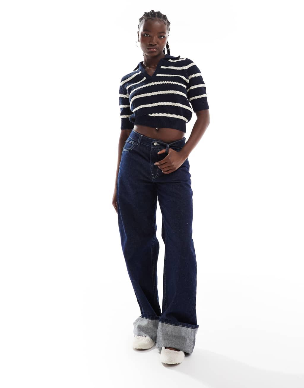 Vero Moda cotton knit striped polo top in navy Product Image