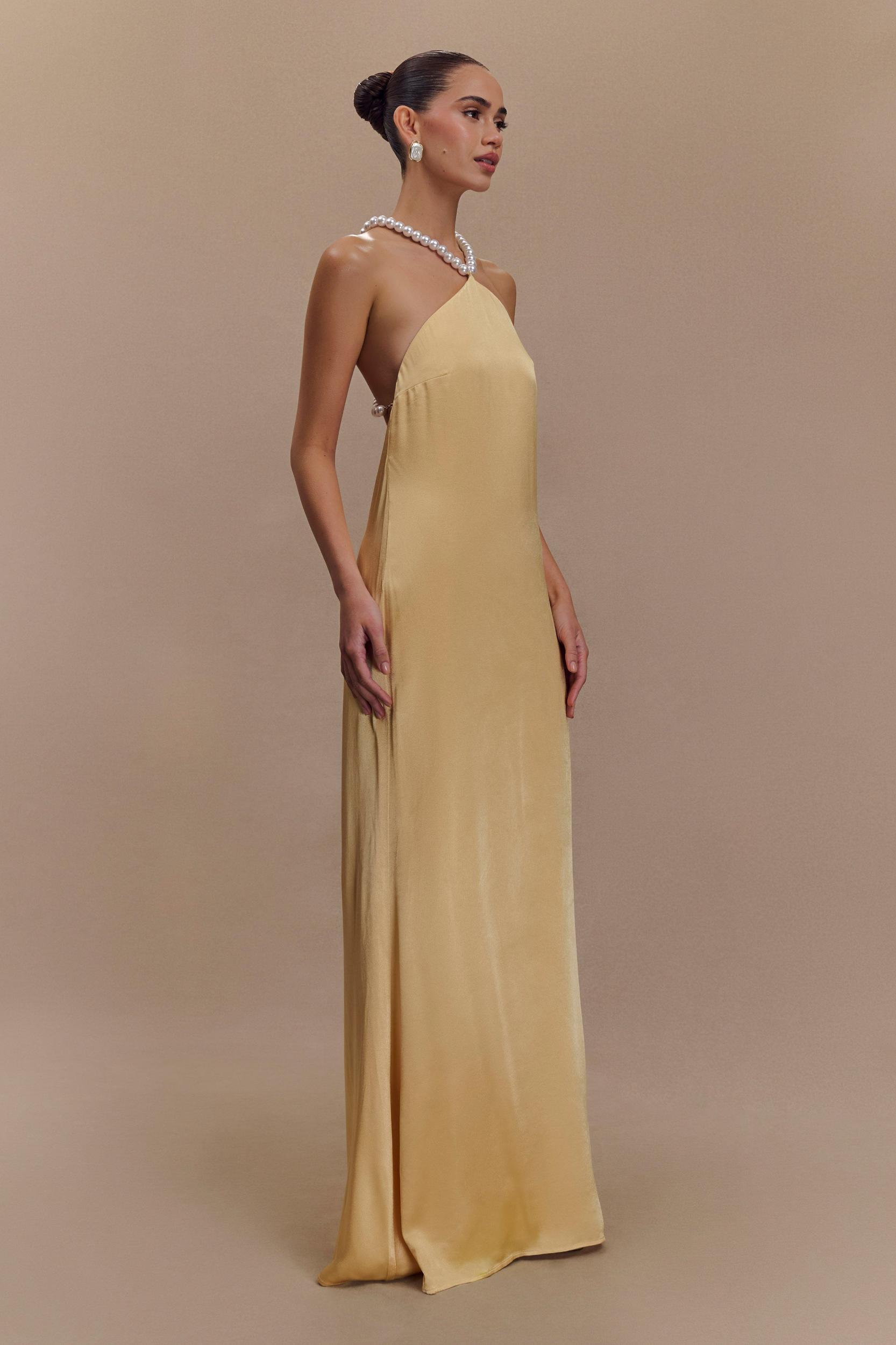Blanche Satin Pearl Halter Maxi Dress - Peach Product Image