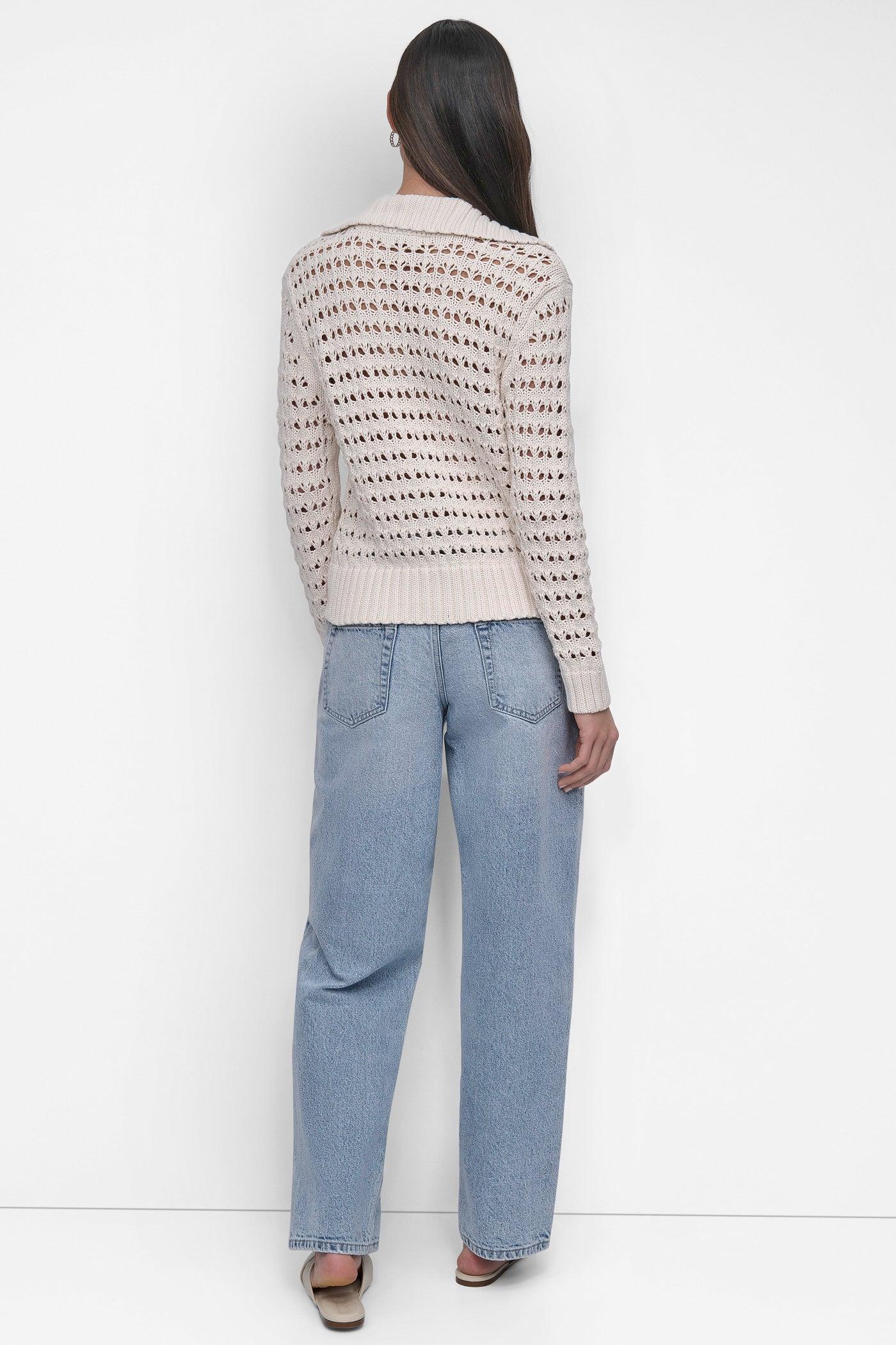 LONG SLEEVE OPEN POINTELLE STITCH POLO COLLAR SWEATER Product Image