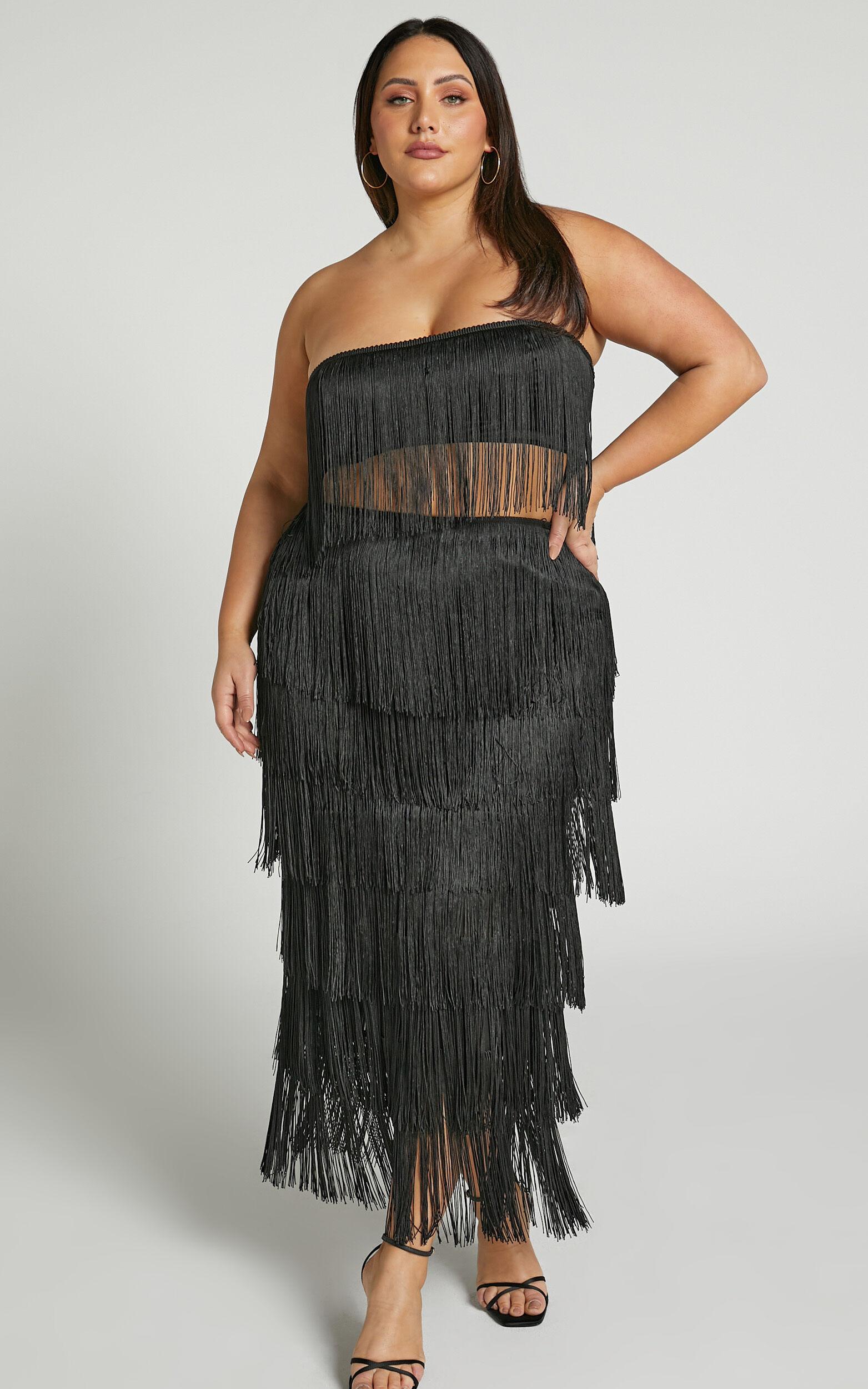 Amalee Two Piece Set - Fringe Strapless Crop Top and Midi Skirt Set in Black Product Image