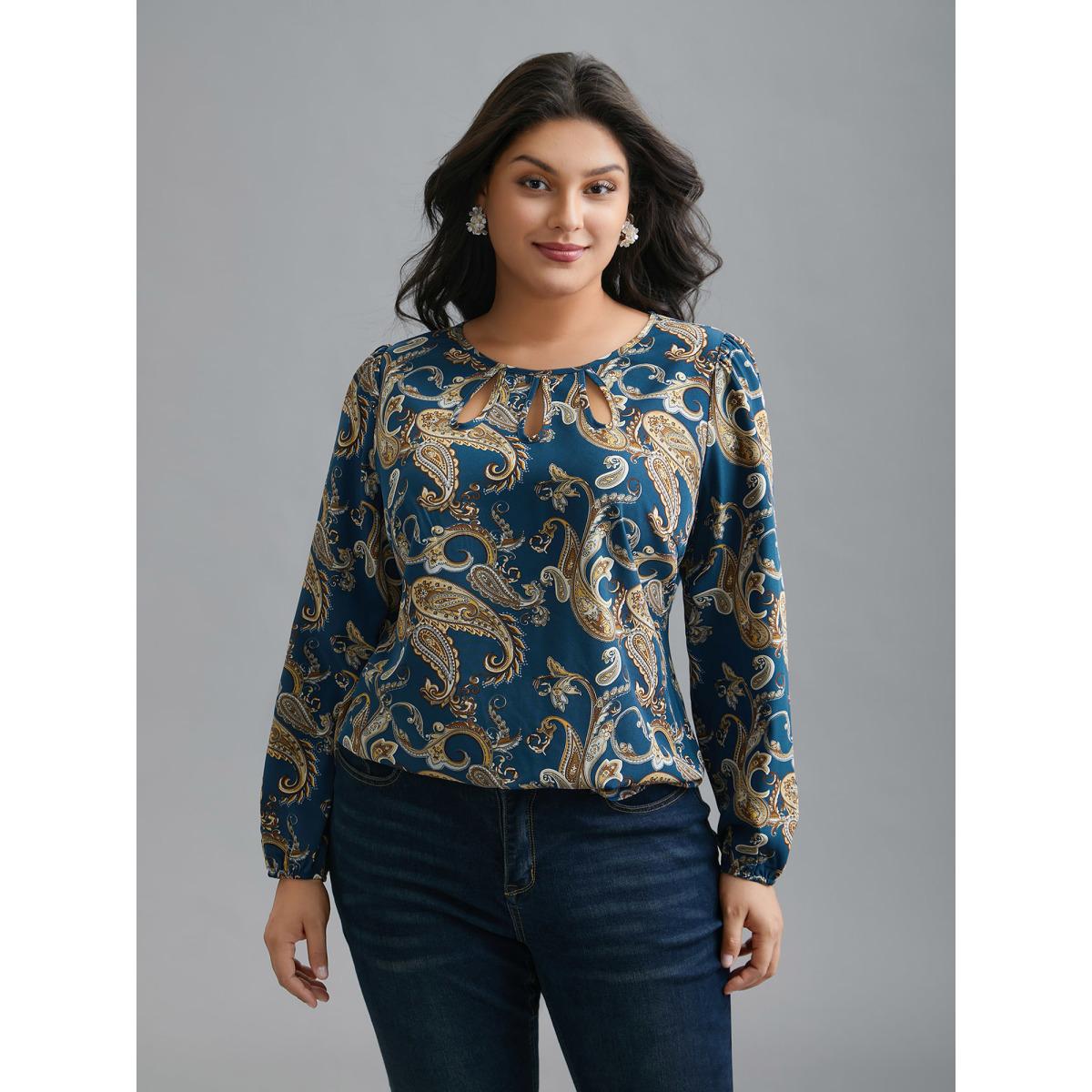 Plus Size Aegean Round Neck Paisley Cut Out Blouse Women Elegant Extra Long Sleeve Round Neck Everyday Blouses BloomChic 10/M Product Image