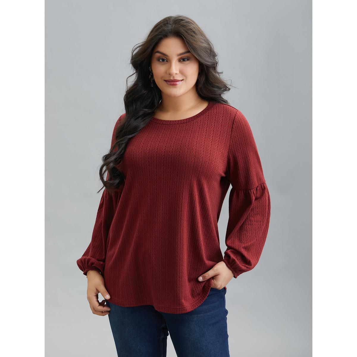 Plus Size Balloon Sleeve Textured Round Neck T-Shirt Deepred Women Elegant Texture Round Neck Everyday T-shirts BloomChic 22-24/3X Product Image