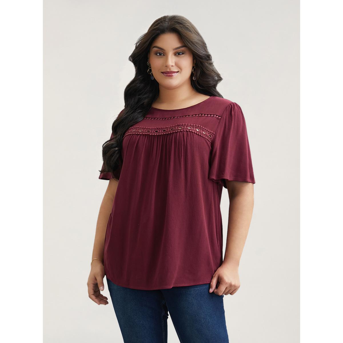 Plus Size Burgundy Lace Cut-Out Round Neck Pleated Shirt Women Elegant Short sleeve Round Neck Everyday Blouses BloomChic 22-24/3X Product Image