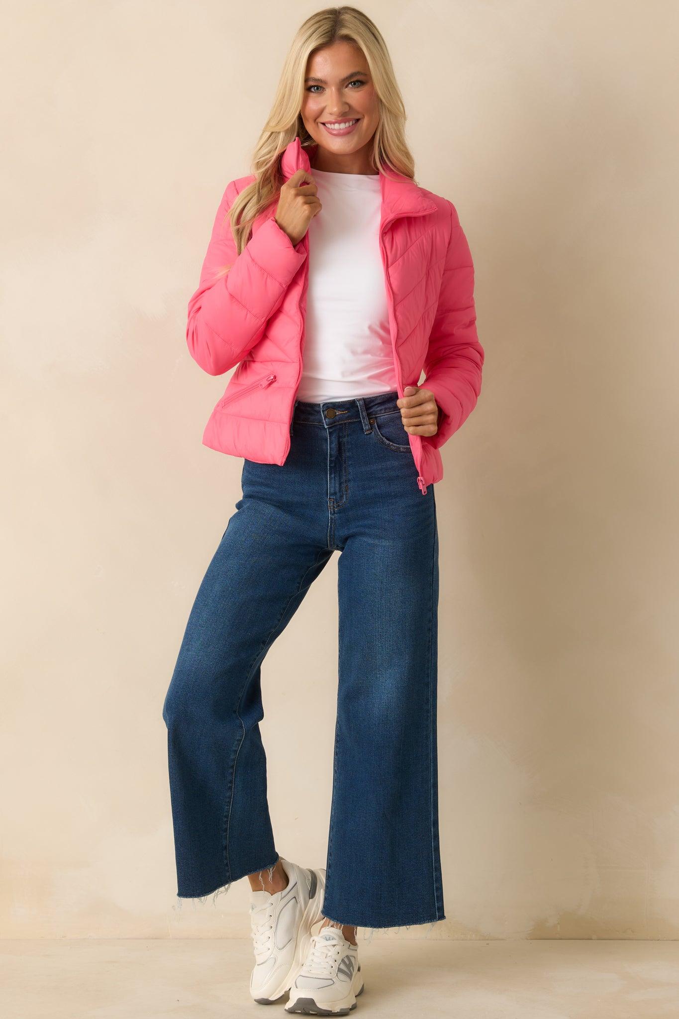 I Mean It Bright Pink Puffer Jacket Product Image