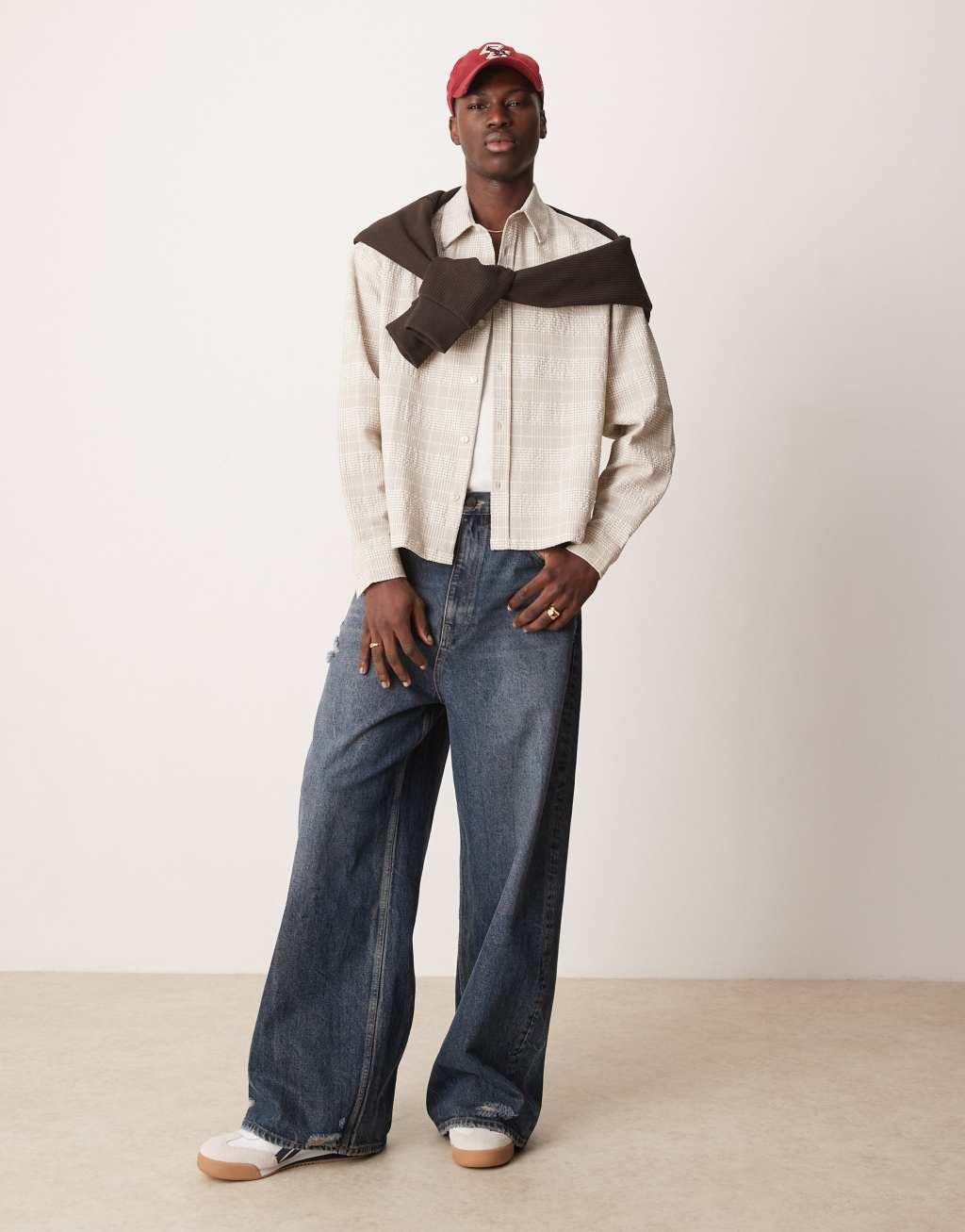 ASOS DESIGN oversized boxy shirt in neutral check Product Image