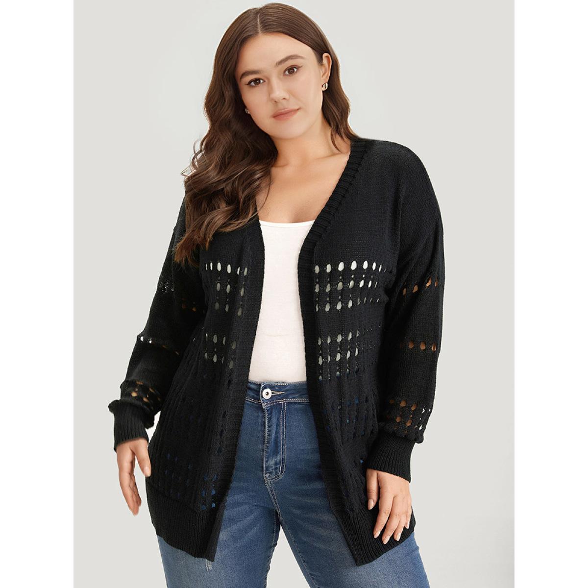Plus Size Plain Hollow Out Open Front Cardigan Black Women Casual Long Sleeve Dailywear Cardigans BloomChic 10/M Product Image