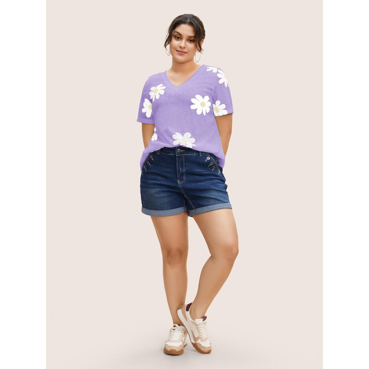 Plus Size Colored Floral V Neck See Through T-Shirt Lilac Women Casual See through Art&design V-neck Everyday T-shirts BloomChic 30/6X Product Image
