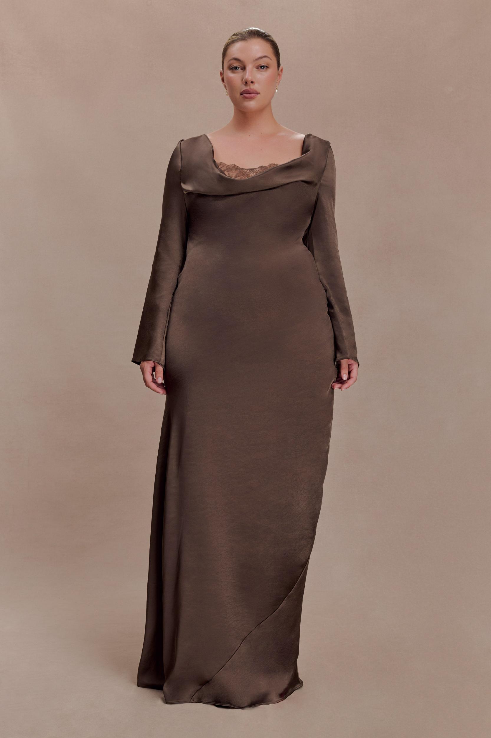 Eliza Long Sleeve Cowl Lace And Satin Maxi Dress - Mocha Product Image