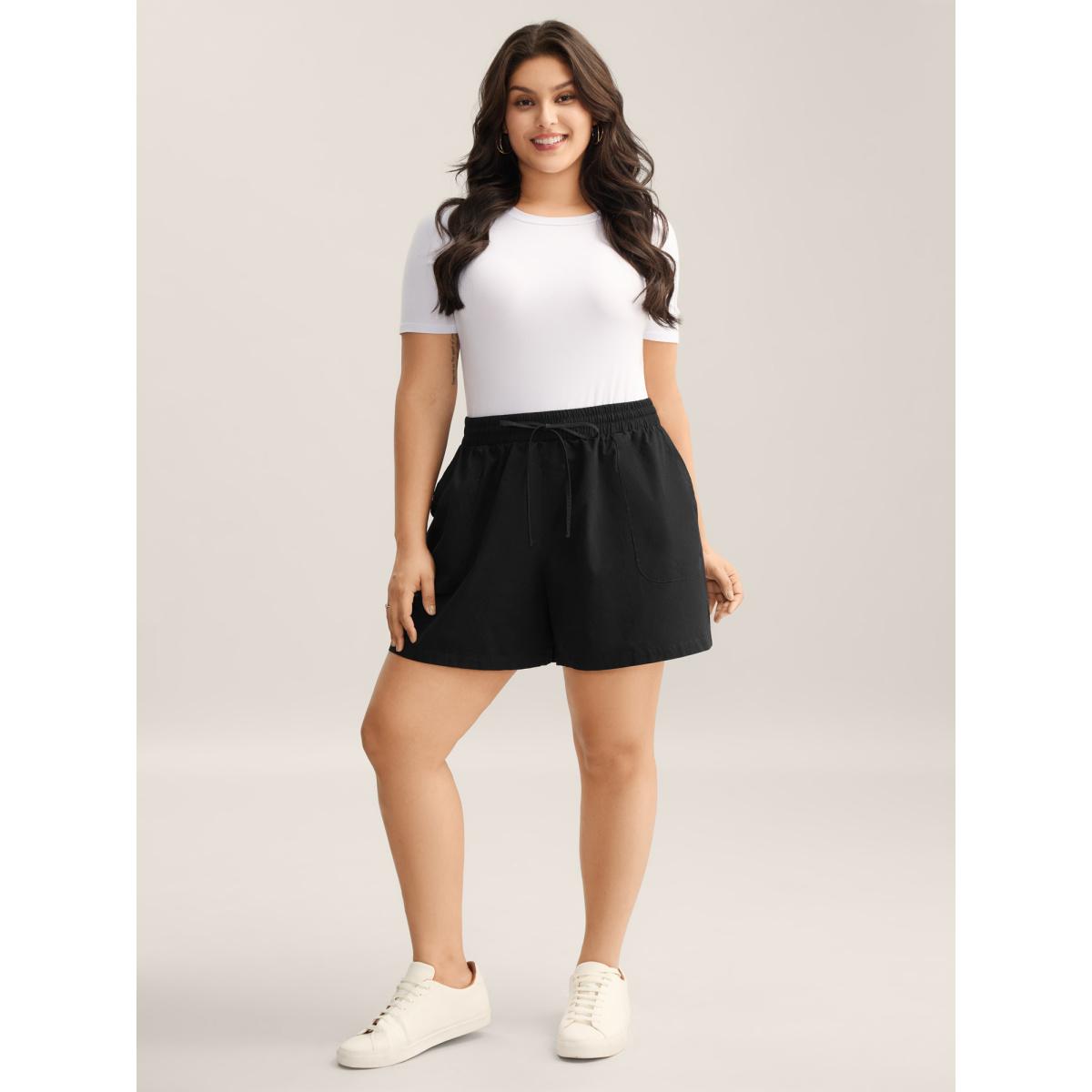 Plus Size Waist-Drawstring Wide-Leg Shorts Women Black Leisure Drawstring Wide Leg Casual Shorts BloomChic 18-20/2X Product Image