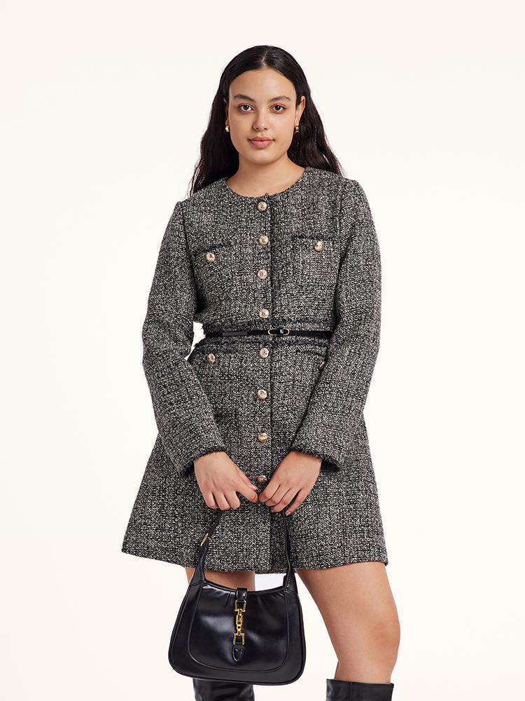 Round Neck Tweed Dress With Belt Product Image