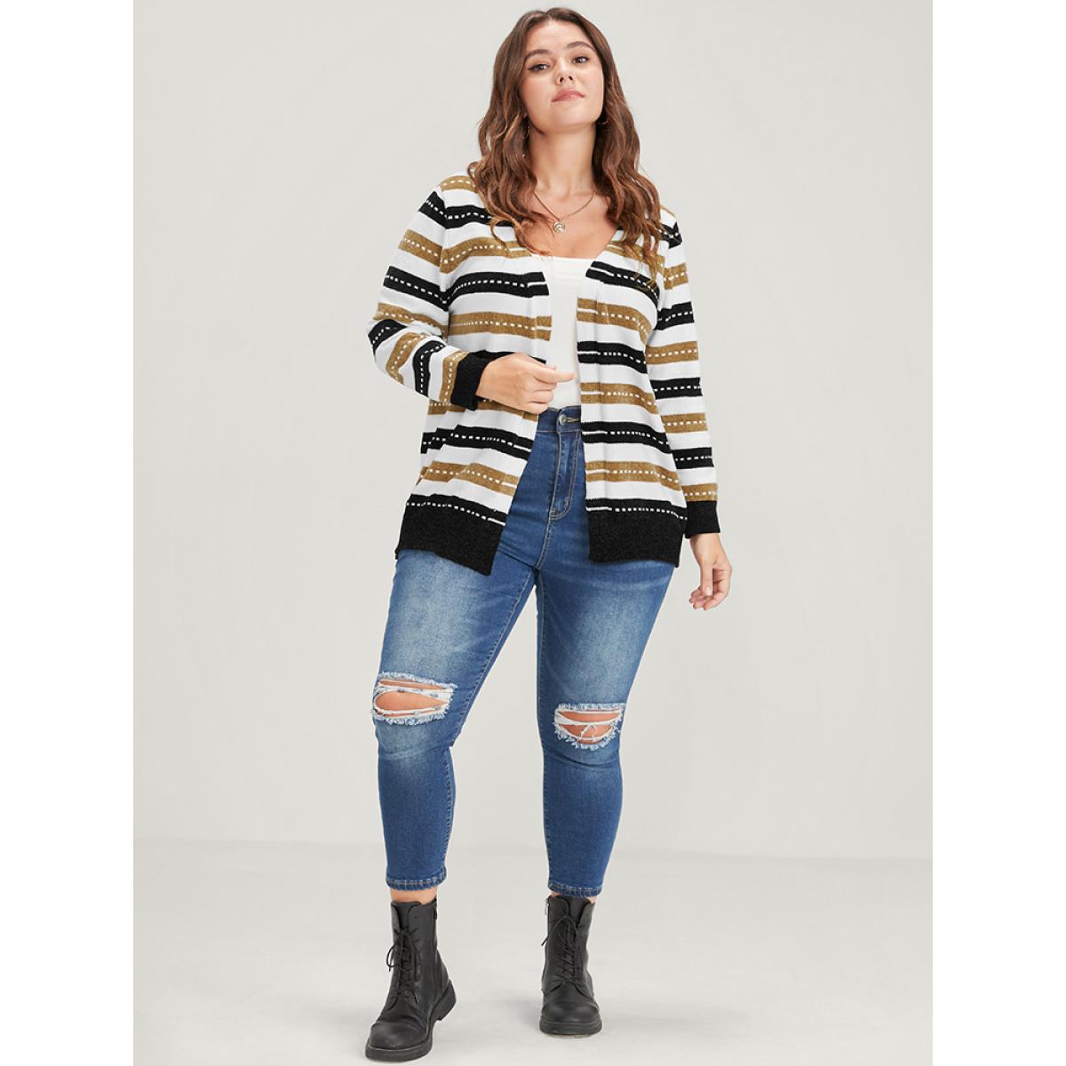 Plus Size Striped Contrast Pointelle Knit Jacquard Open Front Cardigan Multicolor Women Casual Long Sleeve Dailywear Cardigans BloomChic 18-20/2X Product Image