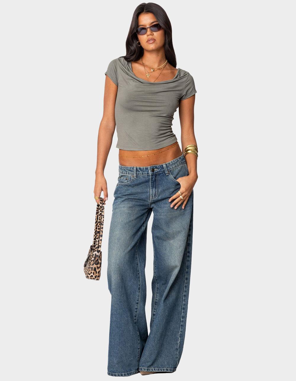 EDIKTED Vyxen Vintage Washed Low Rise Jeans - BLUE Product Image