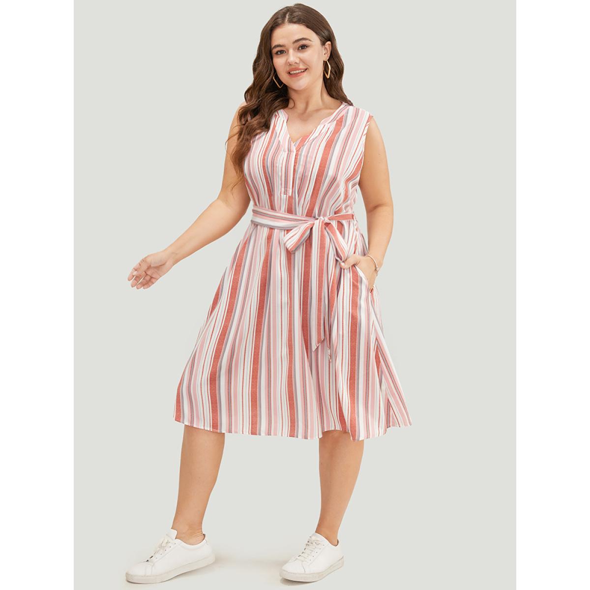 Plus Size Striped Contrast Belted Pocket Notched Tank Dress Multicolor Women Casual Contrast Notched collar Sleeveless Curvy Midi Dress BloomChic 18-20/2X Product Image